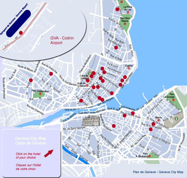 Plan de la ville de Geneve : selectionnez votre hotel